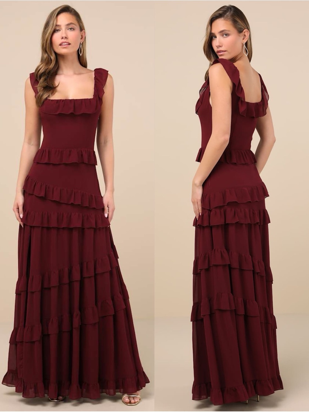 LULU’S Compelling Romantic Burgundy Ruffled Tiered Maxi Dress
